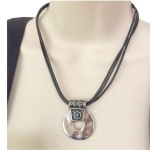 Chico’s Silver Pendant With Blue Tiger Eye Stone and Leather Necklace 11.5” Long
